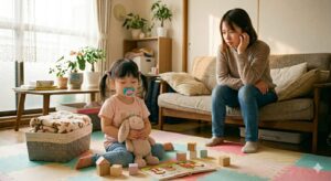 3歳を過ぎてもおしゃぶりをする我が子を心配している母親の写真