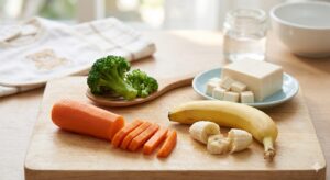 離乳食中期あたりに使いやすい食材の写真。優しい雰囲気で離乳食の参考にしてもらえれば