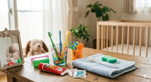 歯ブラシ以外のお口ケアグッズの写真を明るい雰囲気で分かりやすく写真にしています。