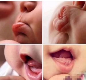 赤ちゃんの色々な動かし方をしている口元の写真4枚を組み合わせて1枚にした写真