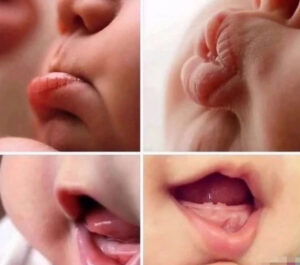 赤ちゃんの色々な動かし方をしている口元の写真4枚を組み合わせて1枚にした写真