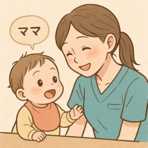 乳児がはじめてママと話してママが嬉しそうに聞いているイラスト
