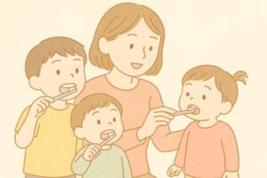 ３人兄妹の歯みがきを見守る母のイラスト