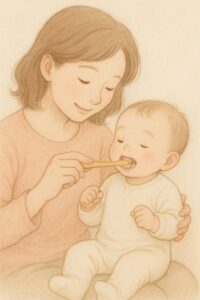 乳児の歯みがきをお母さんが膝の上で穏やかに行っているイメージイラスト
