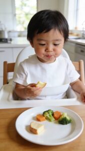 よく噛んでしっかり味わって食べている幼児のイメージ写真