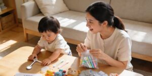 自宅で歯科受診の準備をする親子の写真