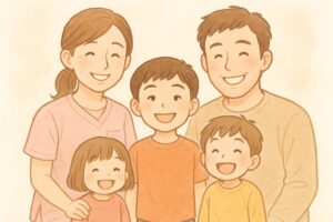 家族5人で虫歯なし、歯並びよく笑顔のイラスト