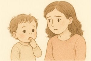 幼児の舌の動きや発音を心配そうに見守る母のイラスト