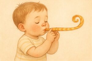 吹き戻しで遊んでいる幼児のイラスト。遊びながら口周りの筋肉を動かし筋力をアップしていきます。