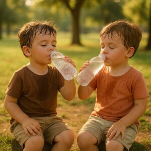 男の子ふたりが公園で汗びっしょりの中、ペットボトルのお水をごくごく飲んでいる写真