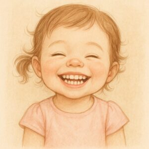 2歳くらいの女の子がお口いっぱい動かして機嫌よく笑っているイラスト