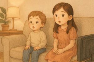 リビングで姉弟がソファに座り、猫背でテレビを見ている口元はポカンと開いているイラスト。