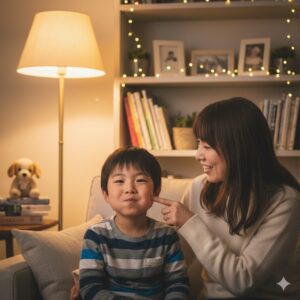 小学生くらいの子どもが頬に空気をたくさん含み、お口風船みたいにして、お母さんが楽しそうにほっぺをツンツンして唇の筋力を遊びながら鍛えている写真