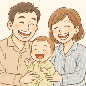 乳児と若い夫婦3人が夜に笑顔で子育てを楽しんでいるイラスト