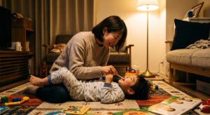 夜寝る前の仕上げ磨きの、母と子どもの写真