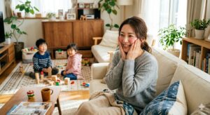 リビングで子ども達に触れる前にママの手を温めてリラックスしている写真