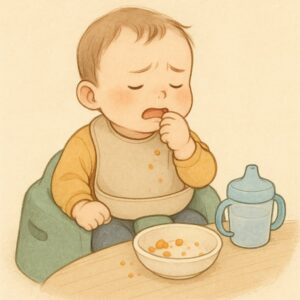 食べるのが嫌そうにしている乳幼児のイメージイラスト。食べとものもこぼしてしまっている。