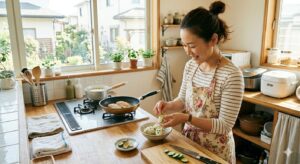 キッチンで噛み応えのある食事を一生懸命作っているママの写真。筆者も3児のためにいつも食事つくりには奮闘している