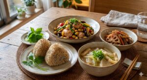 玄米おにぎり、味噌汁、ひじきの煮つけなど著者おススメの食育口育メニューの写真