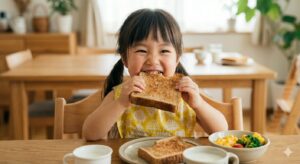 笑顔でおいしそうに食パントーストをよく噛んで食べているイメージの幼児の女の子の写真