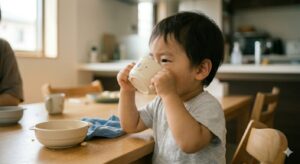 両手持ちのカップで水分を飲んでいる幼児のイメージ写真です。